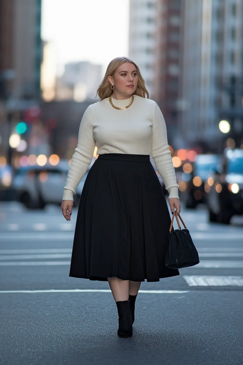 27 Flattering Outfit Ideas for Chubby Girls 4 A Line Midi Skirt