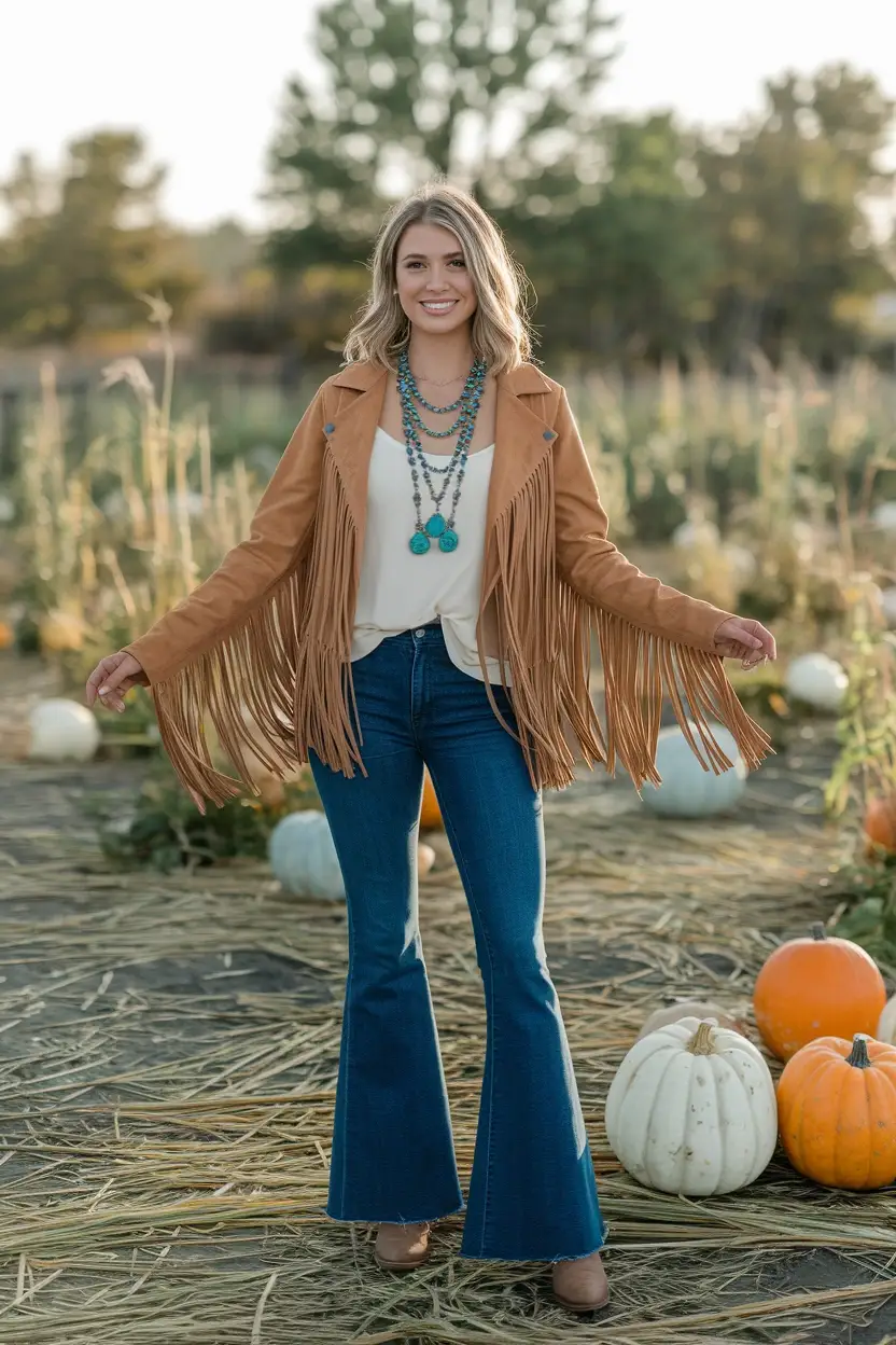 27 Fall Pumpkin Patch Outfit Ideas 21 Boho Fringe Jacket Look