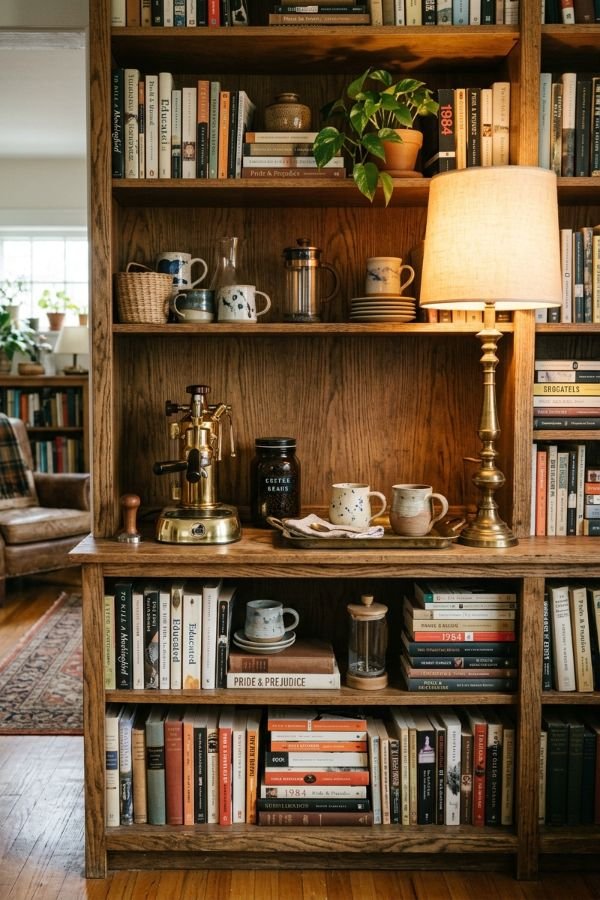 25 Genius DIY Coffee Bar Ideas for Your Home 6 Bookshelf Coffee Station