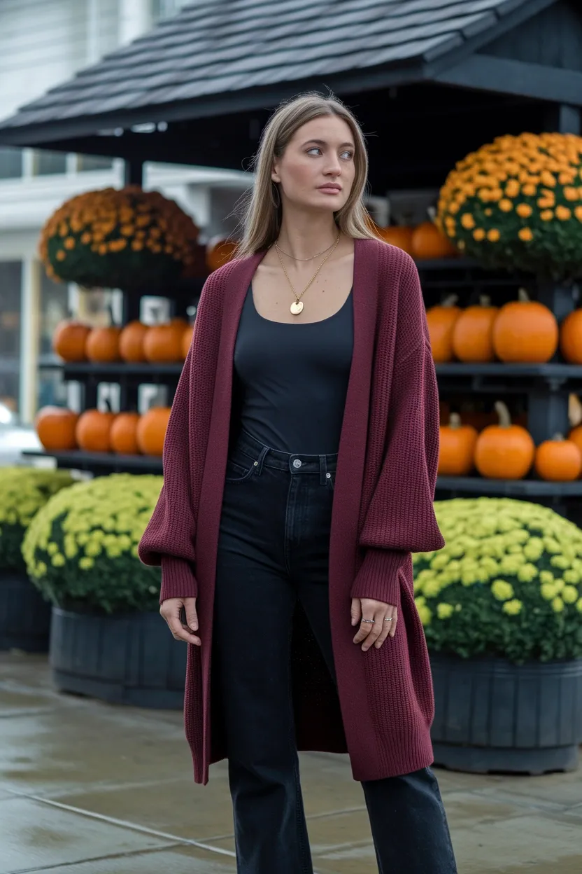 27 Fall Pumpkin Patch Outfit Ideas 11 Burgundy Wrap Cardigan