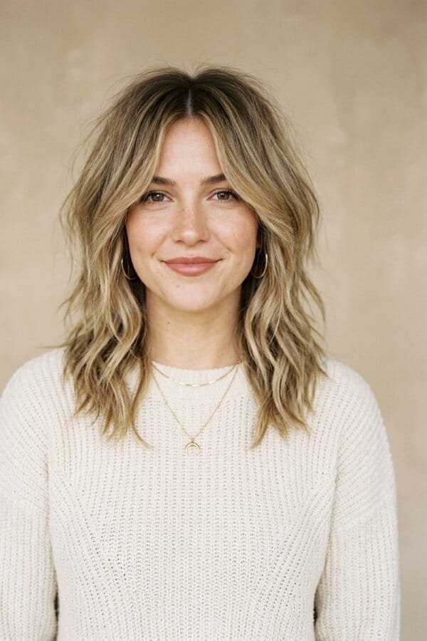 25 Trendy Shoulder Length Hairstyles to Try 24 Center Part Shag