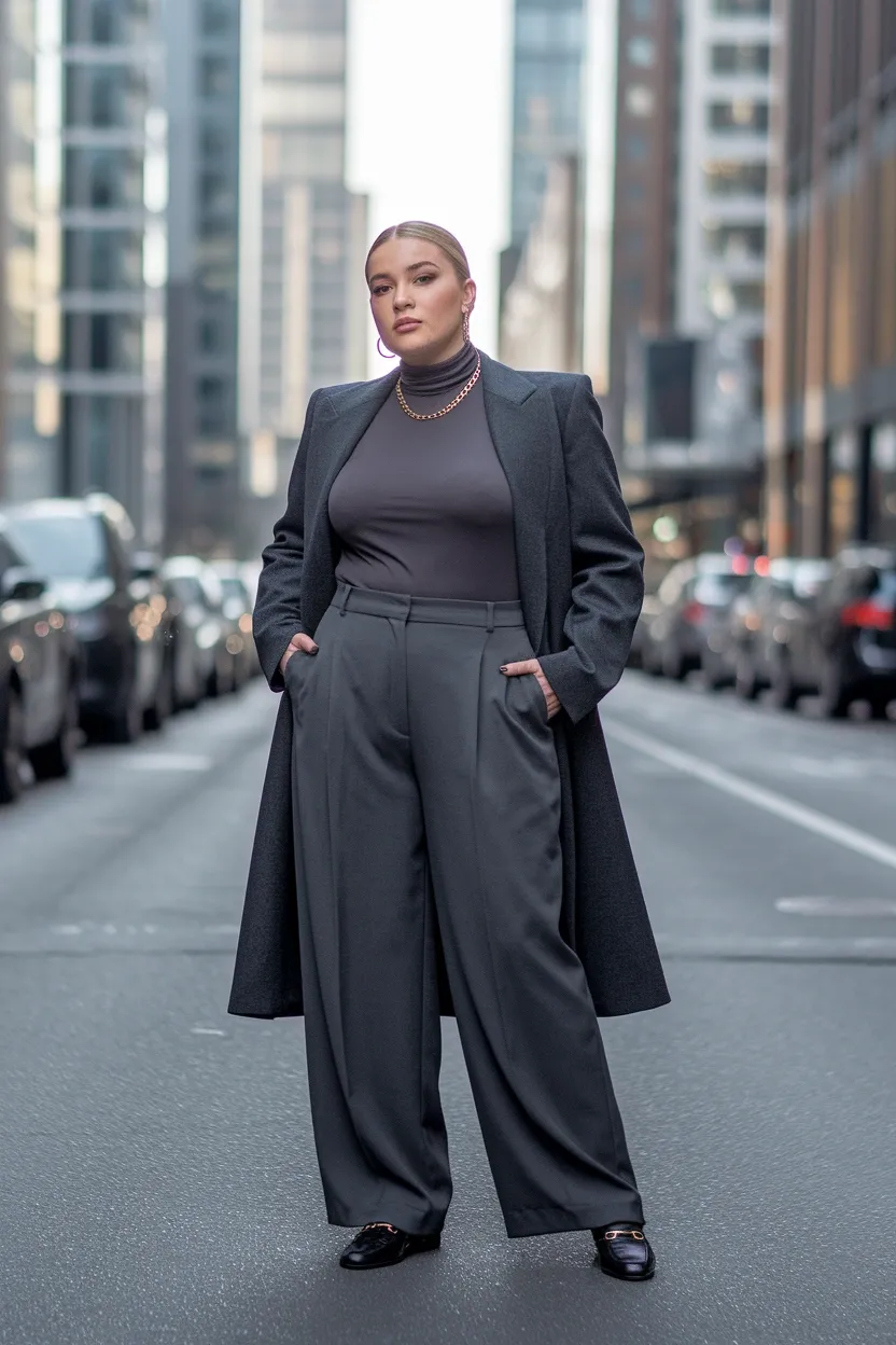 27 Flattering Outfit Ideas for Chubby Girls 26 Chic Monochrome Office Look