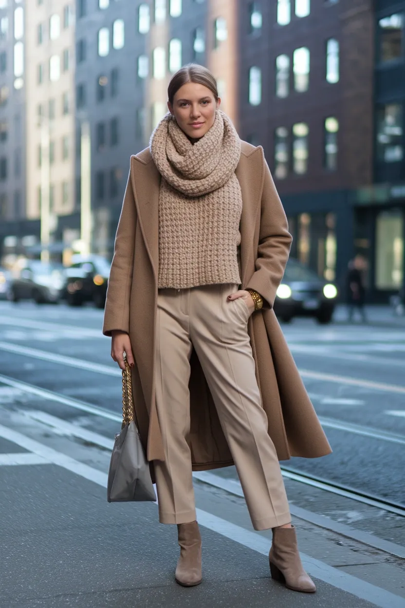 25 Fall Outfits 2026 for a Chic and Cozy Autumn Look 17 Chunky Scarf Coat Layer