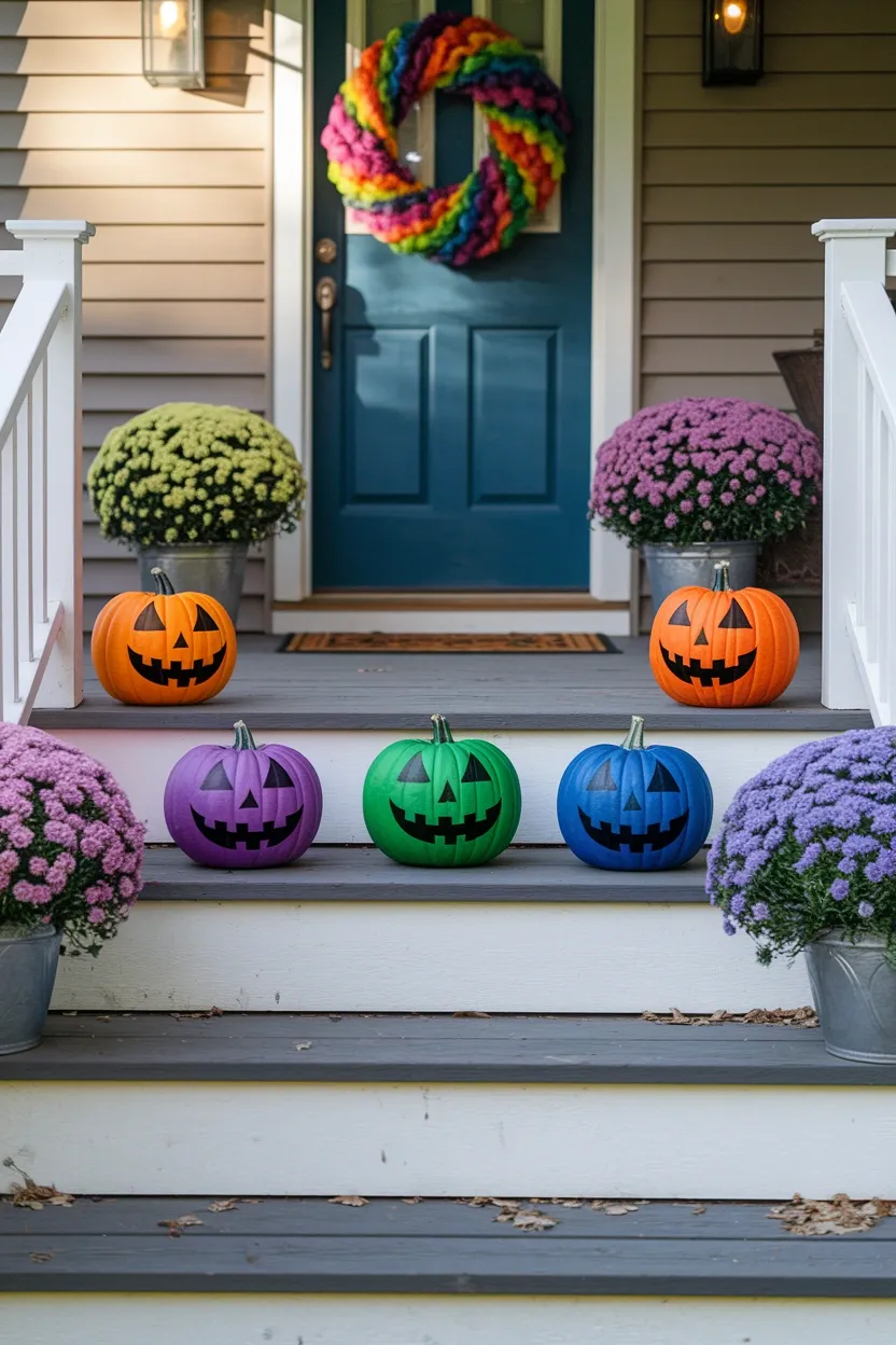 27 Whimsical Halloween Decor Ideas for a Fun Spooky Season 20 Colorful Jack O Lantern Row