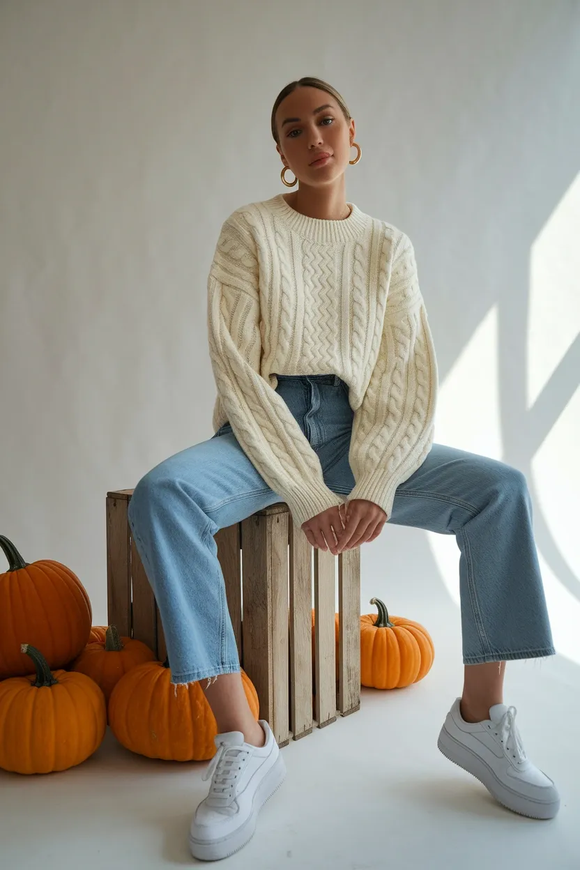 27 Fall Pumpkin Patch Outfit Ideas 10 Cream Cable Knit Sweater