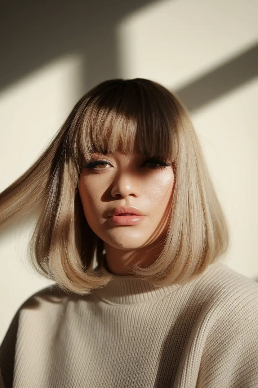 26 Flattering Haircuts for Women With Chubby Round Faces 17 Curtain Fringe Lob 1