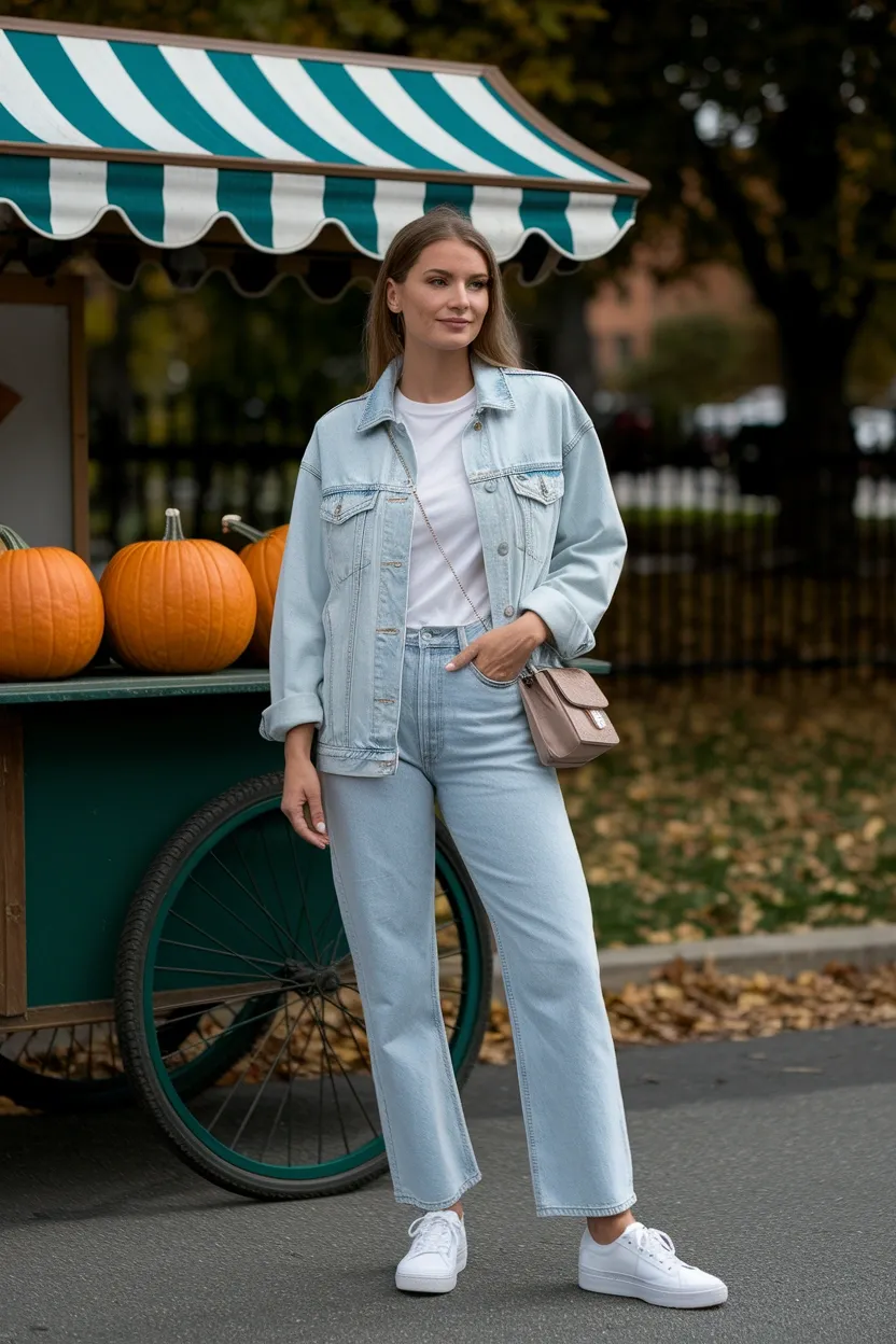 23 Casual Pumpkin Patch Outfit Ideas 13 Denim Jacket Basic Tee