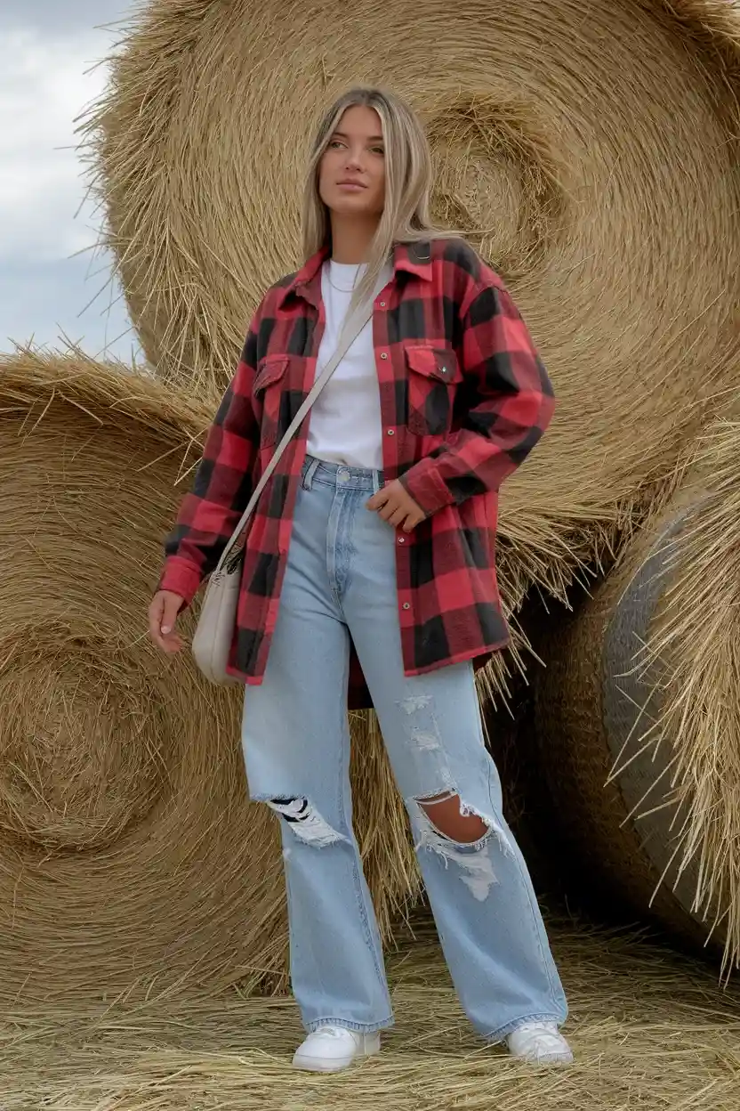 23 Casual Pumpkin Patch Outfit Ideas 16 Distressed Denim Flannel