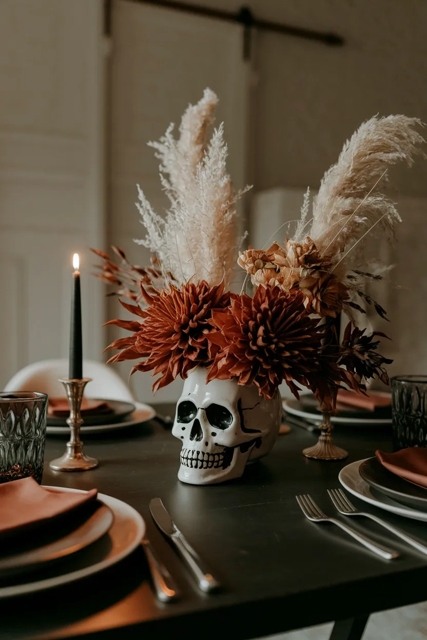 41 Halloween Crafts for Adults 14 Dried Flower Skull Arrangement