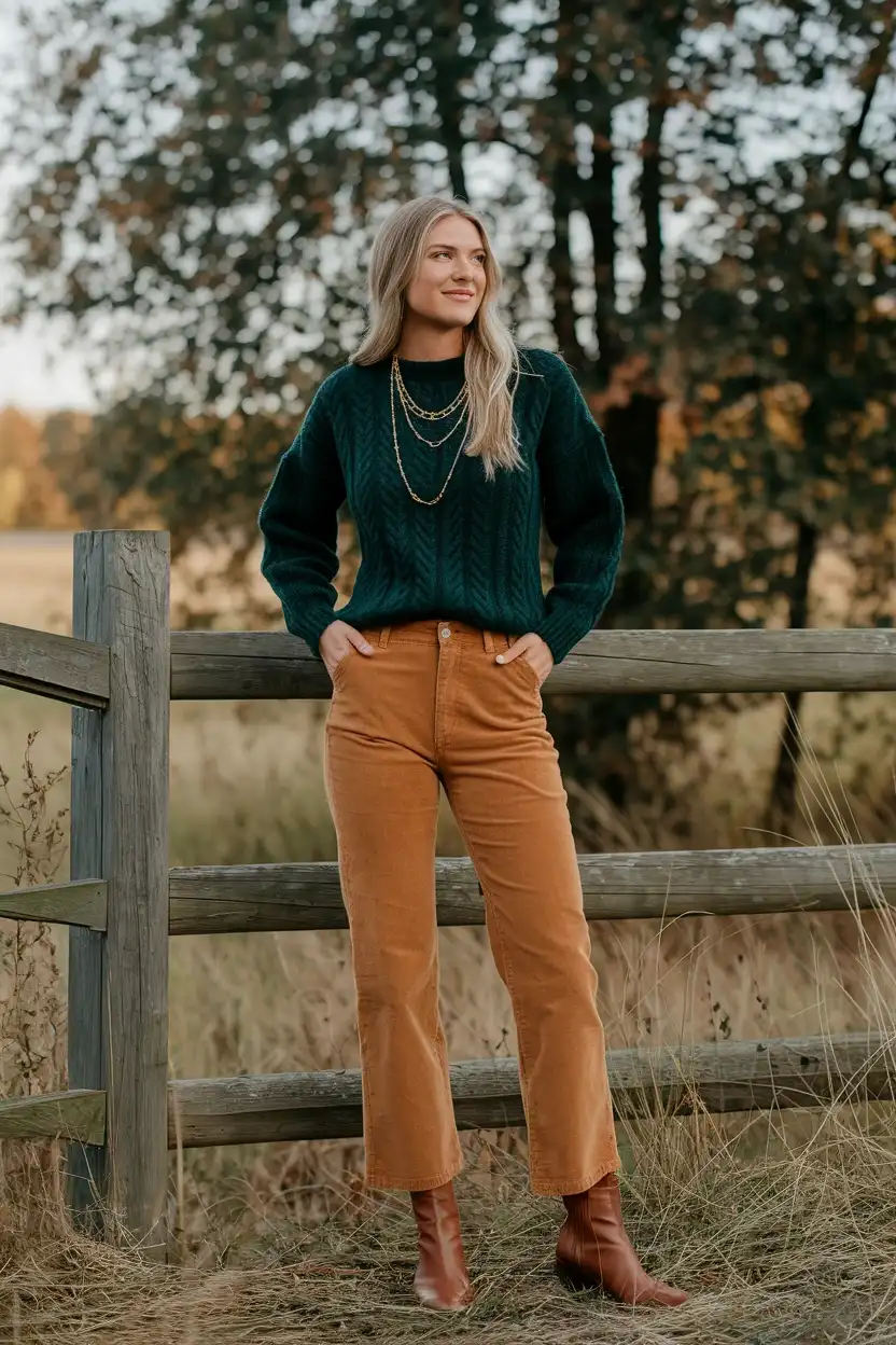 25 Pumpkin Patch Outfit Ideas 3 Forest Green Knit Layer