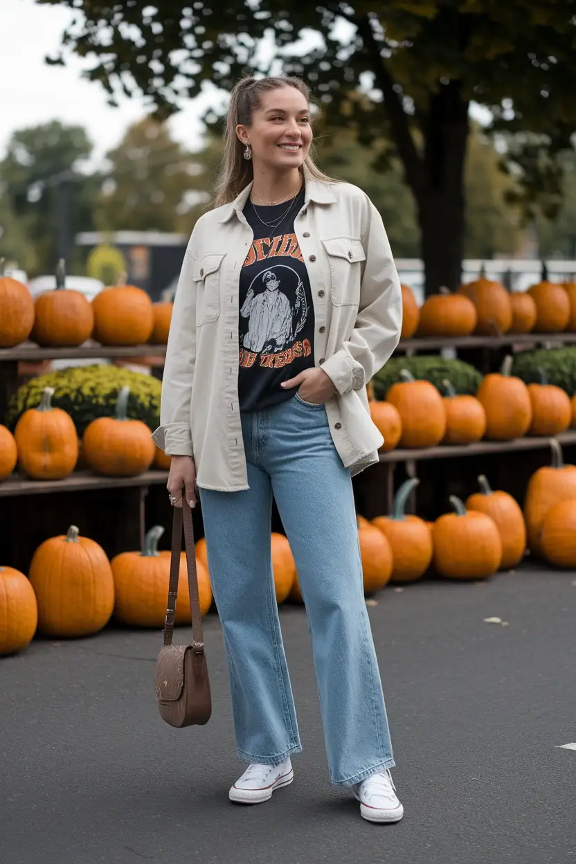23 Casual Pumpkin Patch Outfit Ideas 3 Graphic Tee And Shacket