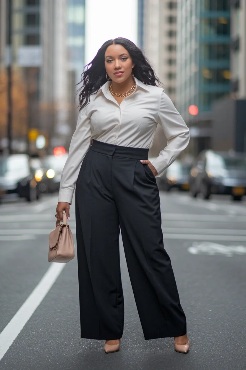 27 Flattering Outfit Ideas for Chubby Girls 3 High Waisted Wide Leg Trousers