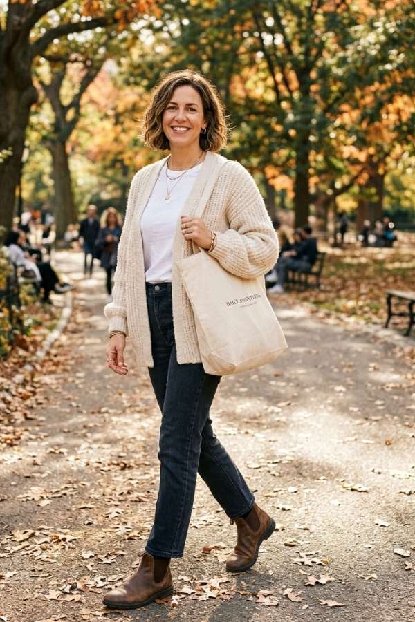 25 Stylish Outfits for Women Over 40 13 Knit Cardigan Layer