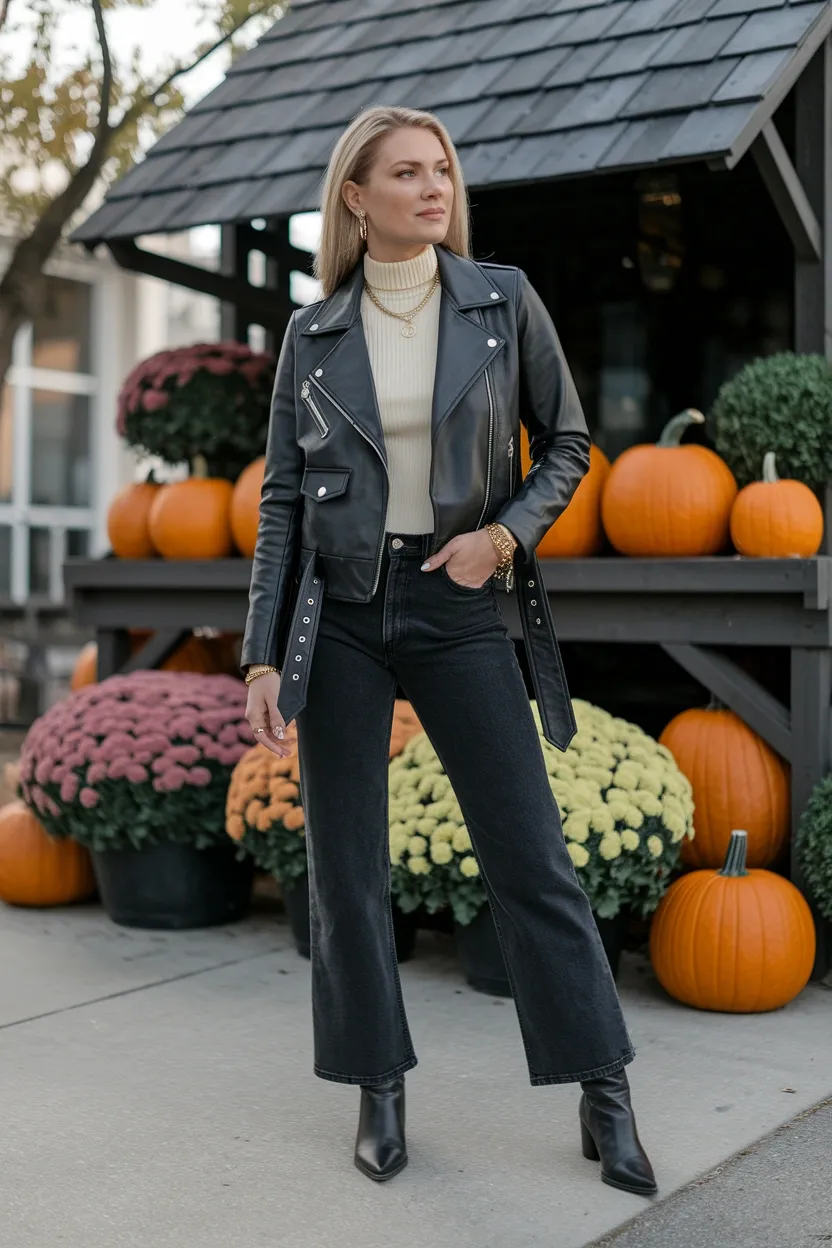25 Pumpkin Patch Outfit Ideas 18 Leather Jacket Fall Layer