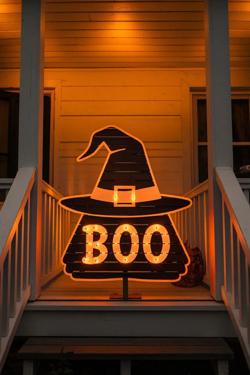 27 Light-Up Halloween Witch Decorations to Make Your Home Spooky 16 Light Up Porch Witch Sign