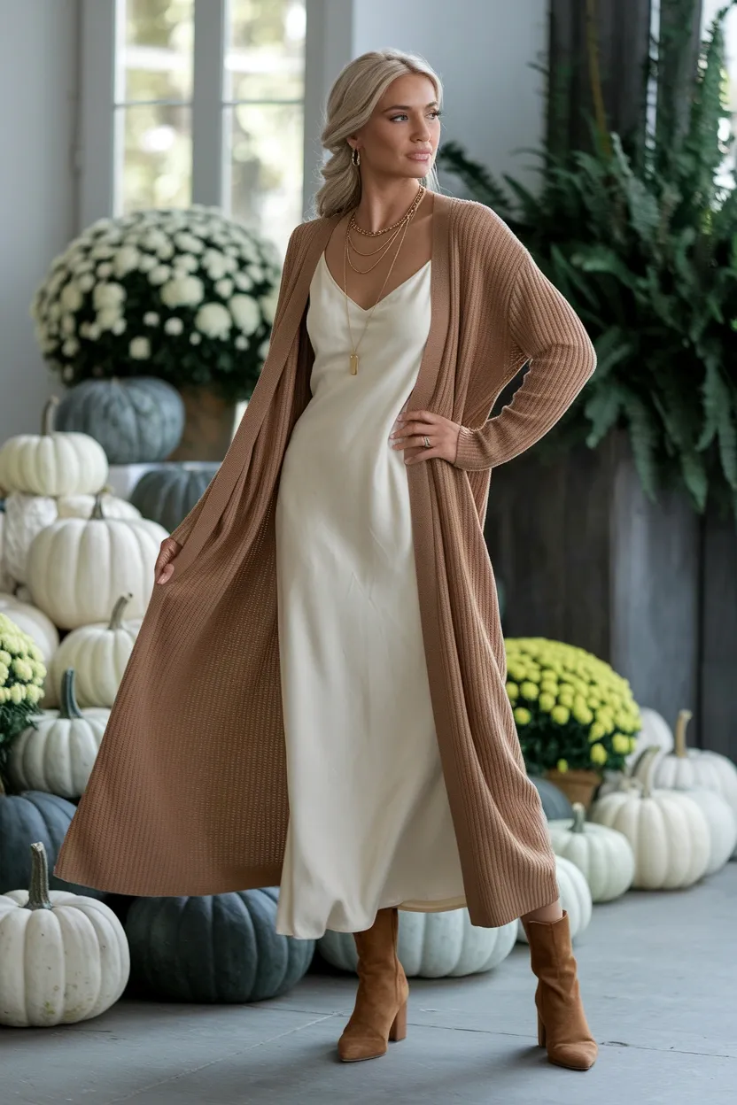 25 Pumpkin Patch Outfit Ideas 11 Longline Cardigan Over Dress