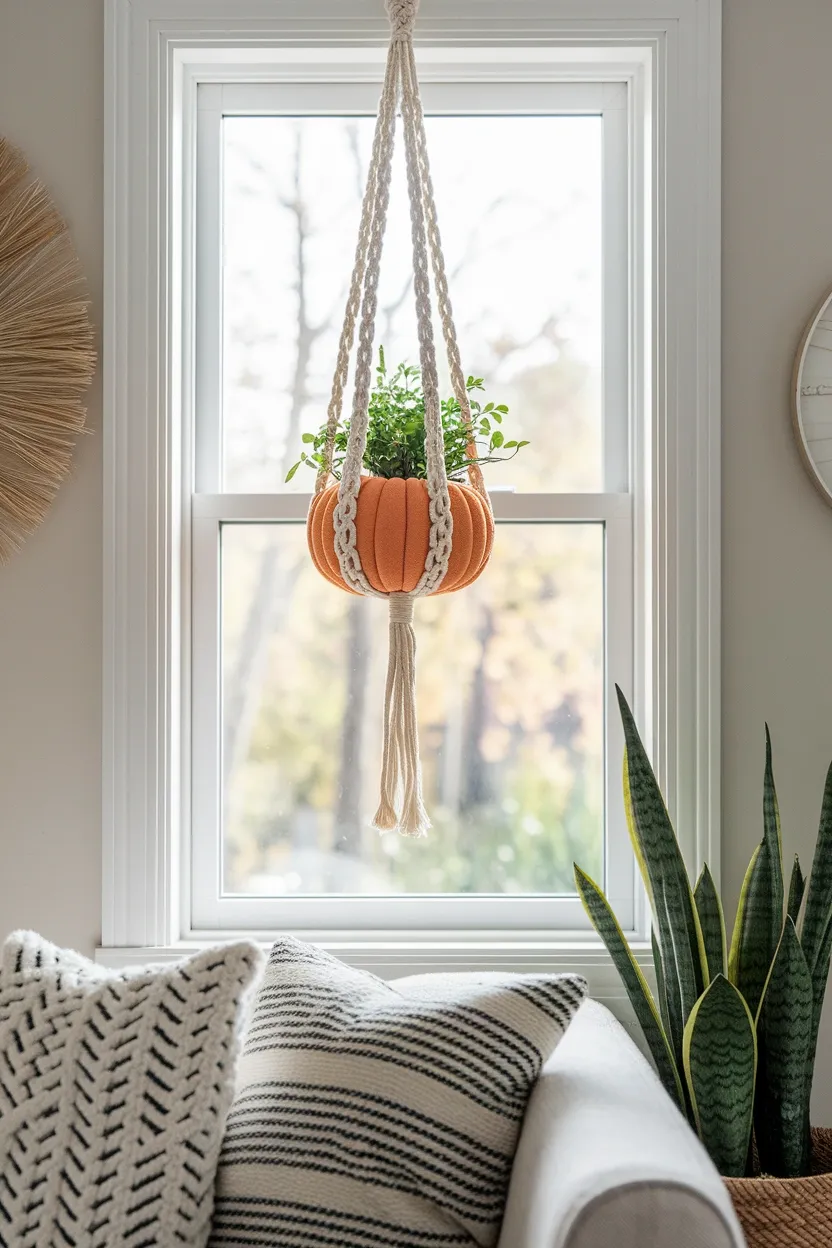 41 Halloween Crafts for Adults 24 Macrame Pumpkin Hanger