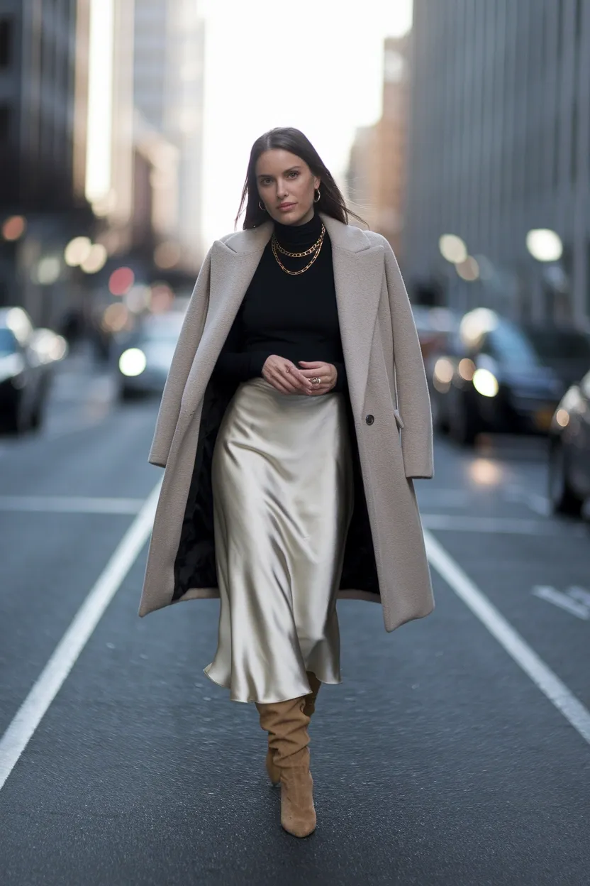 29 Stylish Fall Outfit Ideas for 2026 12 Midi Slip Skirt Boots