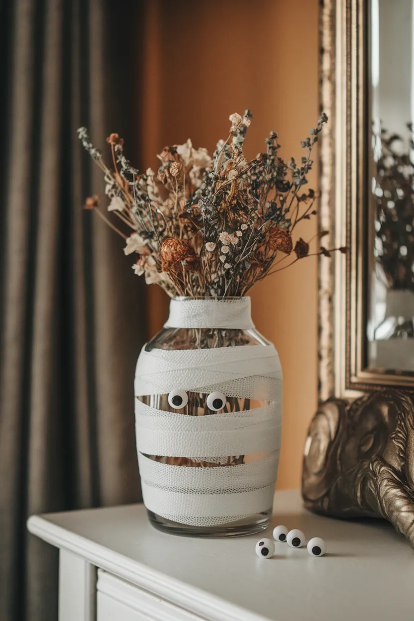 30 DIY Halloween Crafts That Pack More Punch Than Dracula’s Espresso 25 Mummy Wrapped Vase
