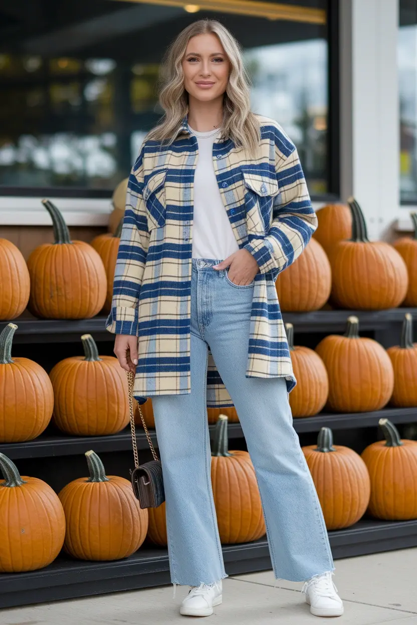 25 Pumpkin Patch Outfit Ideas 13 Plaid Shacket Basic Tee