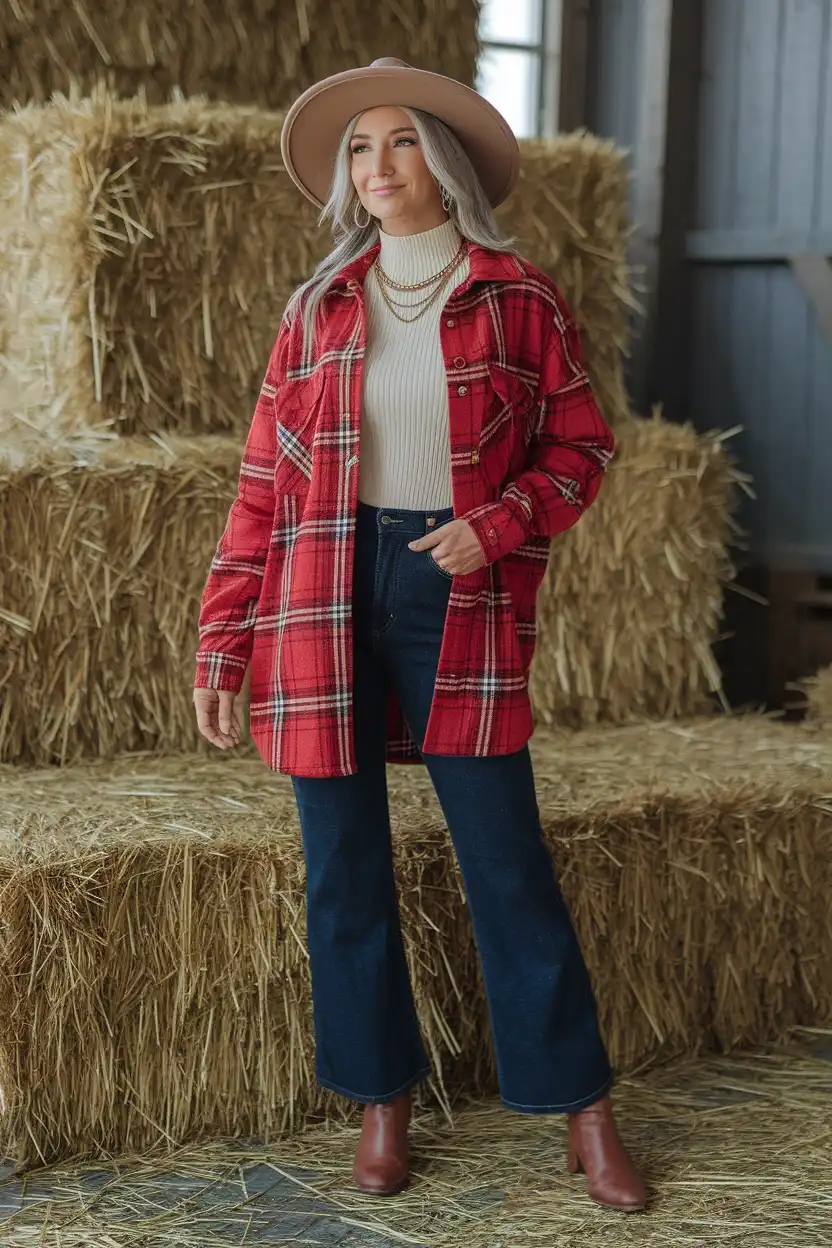27 Fall Pumpkin Patch Outfit Ideas 3 Plaid Shacket Layered Look