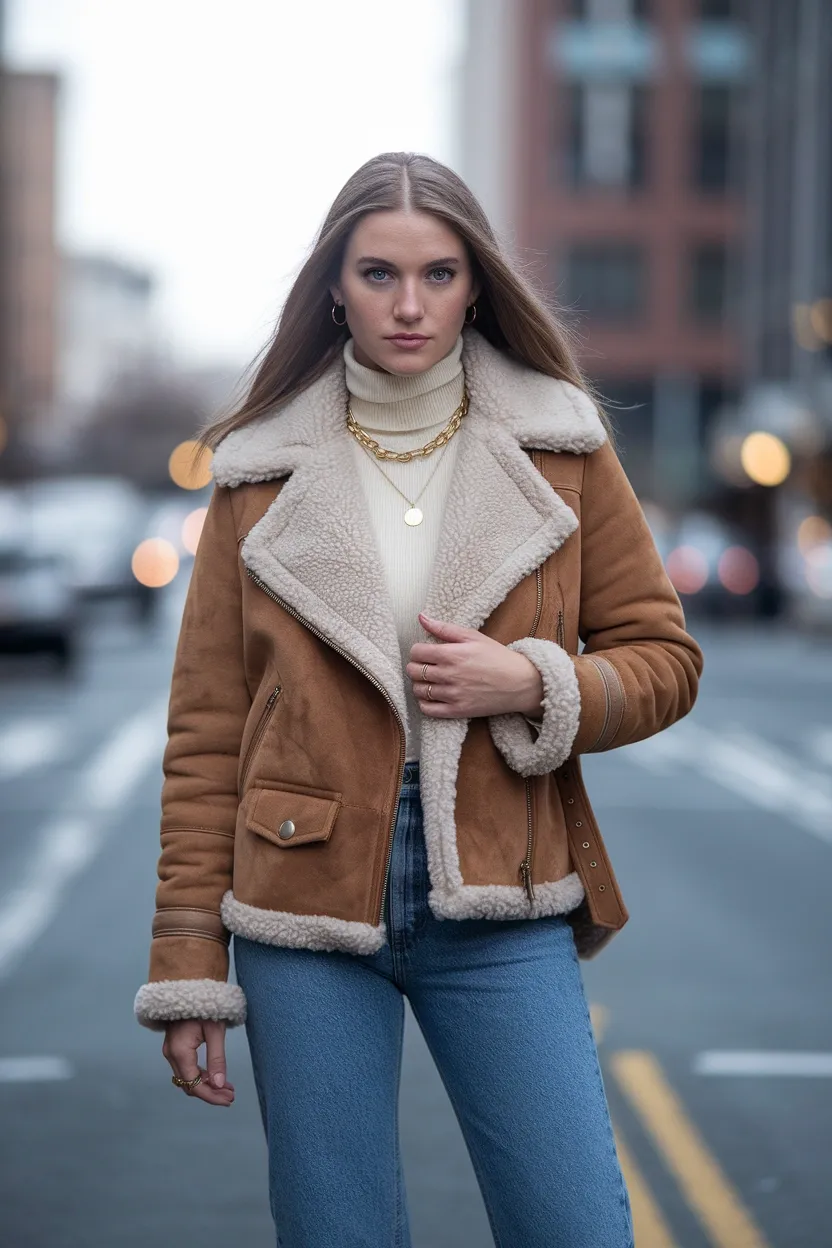 25 Fall Outfits 2026 for a Chic and Cozy Autumn Look 6 Shearling Lined Jacket