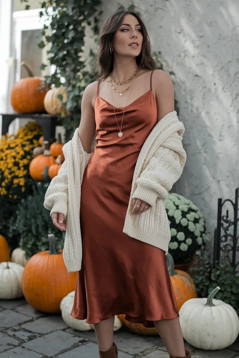 25 Pumpkin Patch Outfit Ideas 21 Slip Dress Layered Sweater