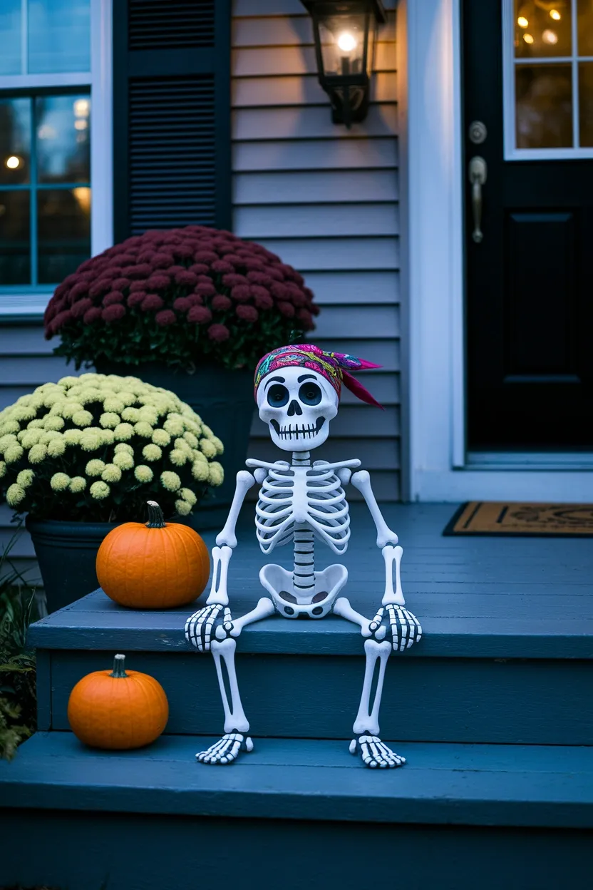 27 Whimsical Halloween Decor Ideas for a Fun Spooky Season 5 Smiling Skeleton Display
