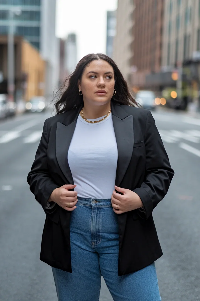27 Flattering Outfit Ideas for Chubby Girls 6 Structured Blazer Sharp Lines