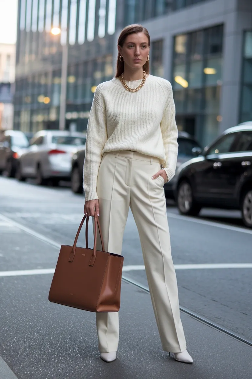 27 Stylish and Trendy Fall Outfit Ideas for 2026 6 Structured Tote Bag Accent