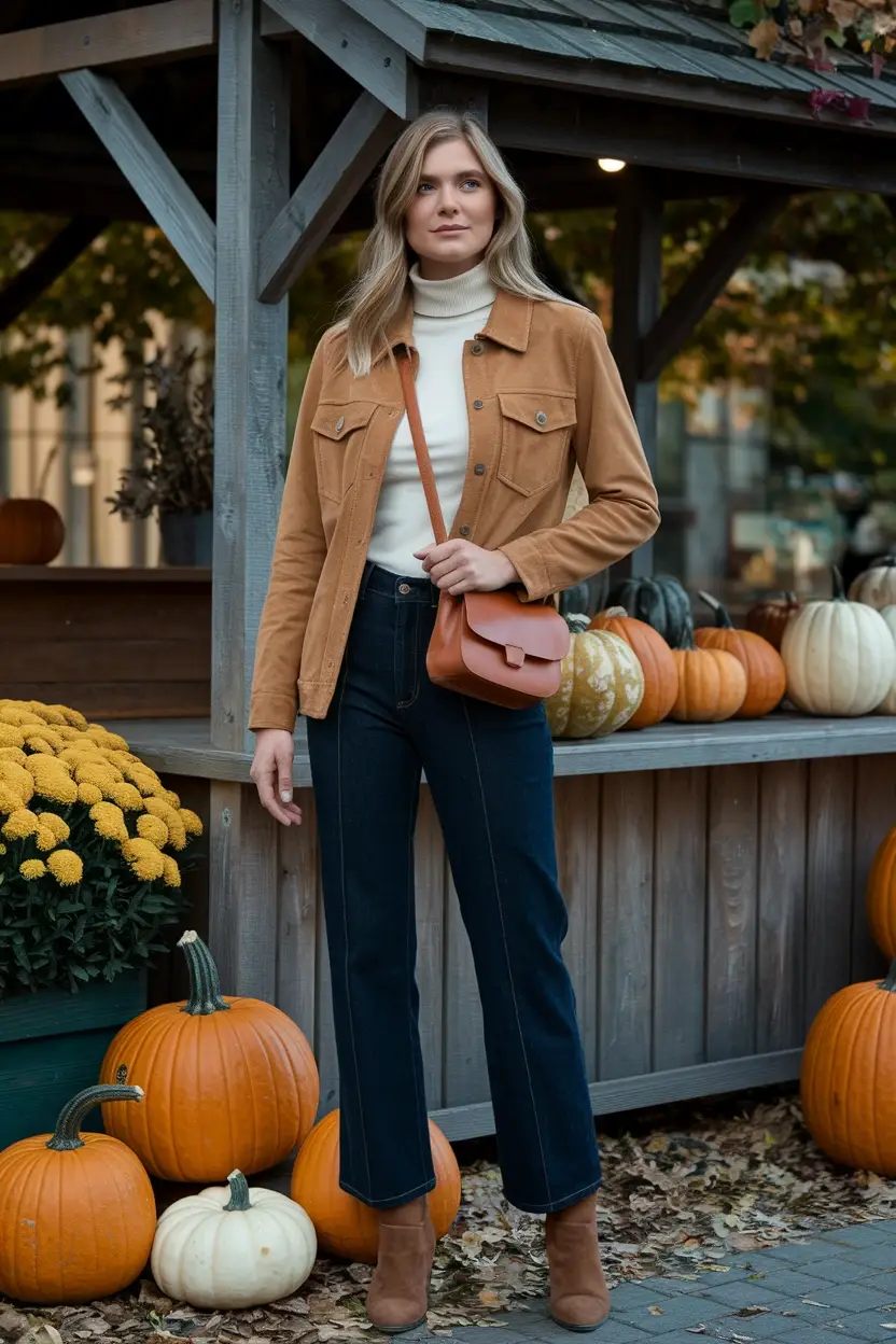 25 Pumpkin Patch Outfit Ideas 12 Suede Jacket Layered Look