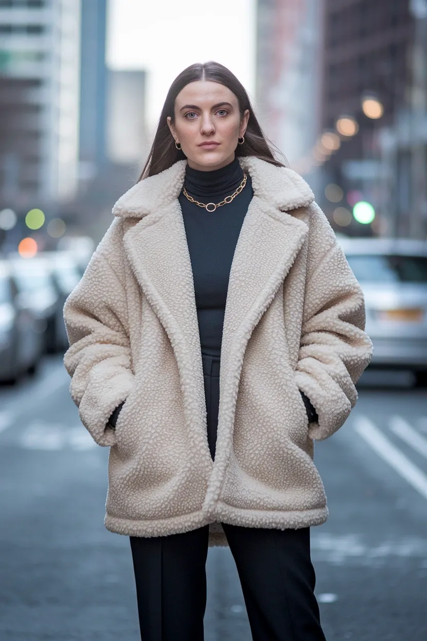 25 Fall Outfits 2026 for a Chic and Cozy Autumn Look 9 Teddy Texture Coat