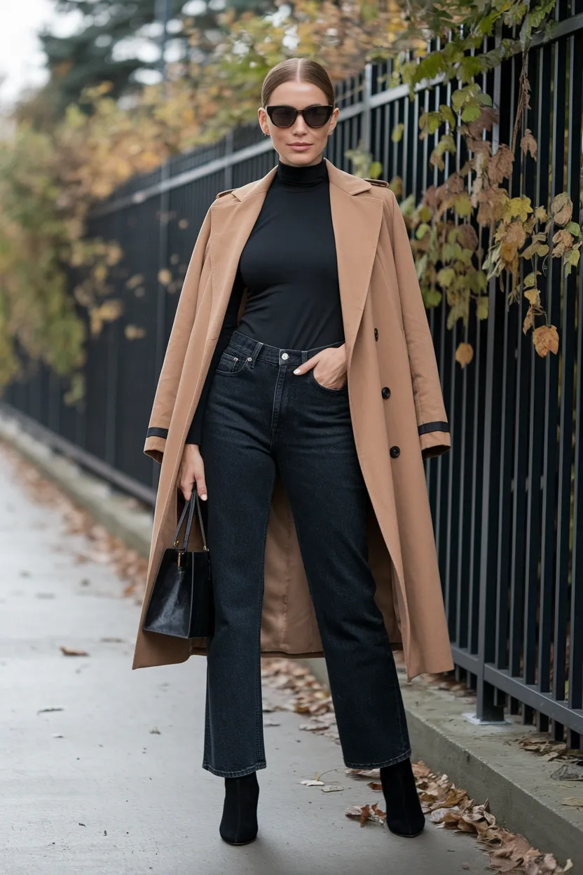 27 Fall Pumpkin Patch Outfit Ideas 16 Trench Coat Over Turtleneck