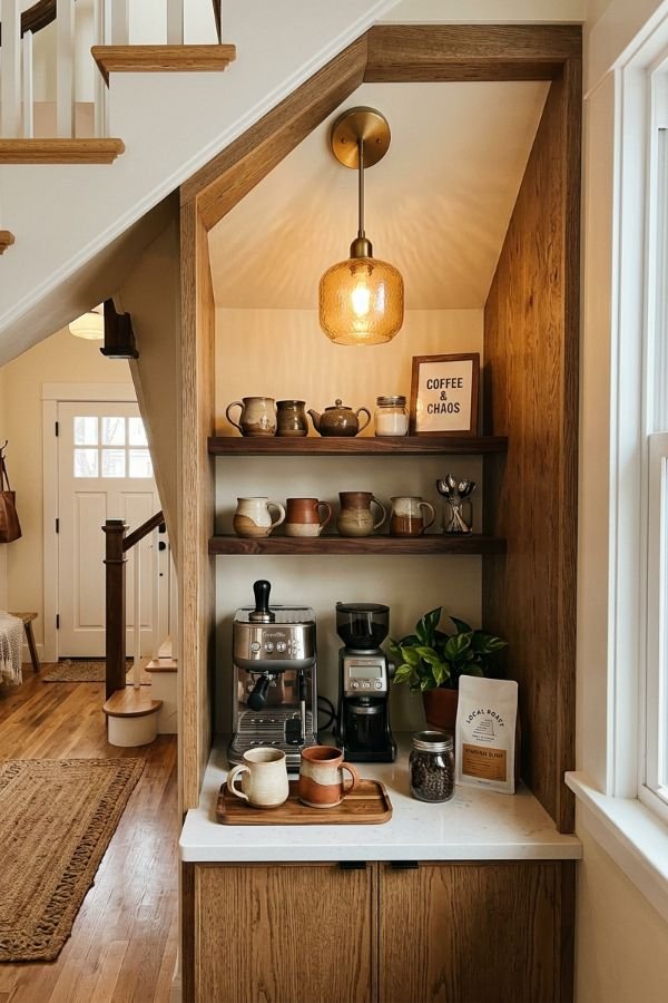 25 Genius DIY Coffee Bar Ideas for Your Home 8 Under Stairs Coffee Nook
