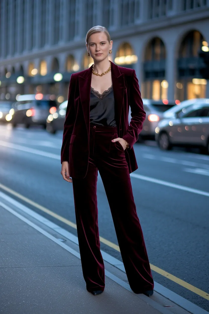 27 Stylish and Trendy Fall Outfit Ideas for 2026 14 Velvet Texture Evening Look