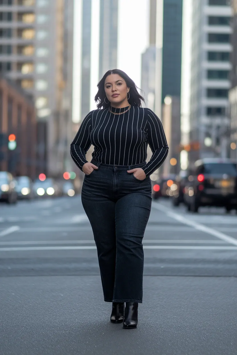 27 Flattering Outfit Ideas for Chubby Girls 23 Vertical Stripe Elongating Look