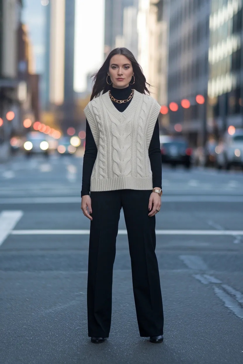 25 Fall Outfits 2026 for a Chic and Cozy Autumn Look 19 Warm Knit Vest Set