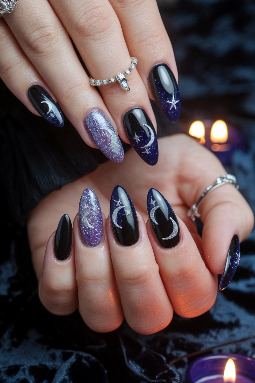 Glittering Midnight Halloween Nails Image Prompt: Halloween manicure featuring glossy black and deep navy nails with fine silver glitter, crescent moons, tiny stars, medium almond shape, subtle purple shimmer, dark velvet background, soft candlelight, delicate silver jewelry, clean cuticles, realistic professional nail photography, glamorous spooky Pinterest aesthetic.