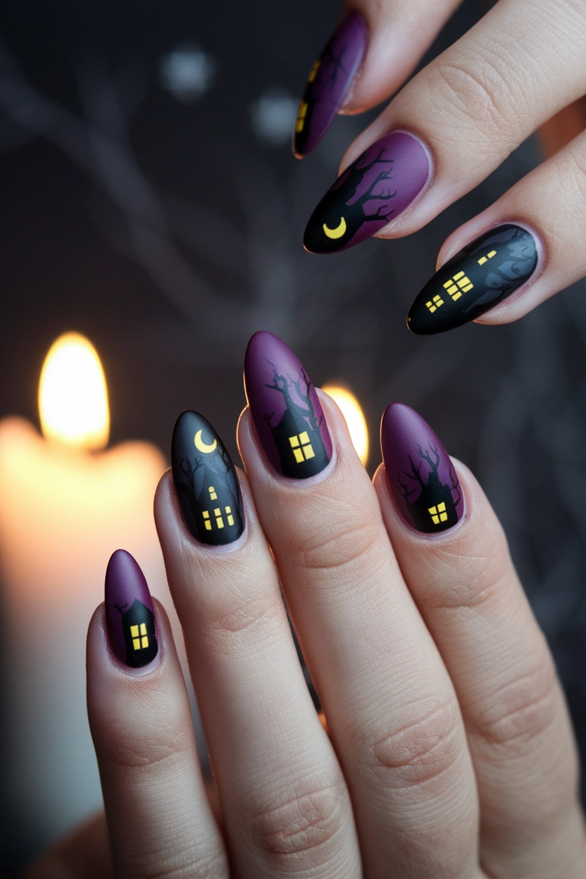 Haunted House Nail Design Image Prompt: Halloween manicure featuring black and deep purple nails with tiny haunted house silhouettes, glowing yellow windows, crescent moon, bare trees, medium almond shape, soft candlelight, dark charcoal background, subtle silver stars, realistic nail photography, mysterious gothic Pinterest aesthetic.