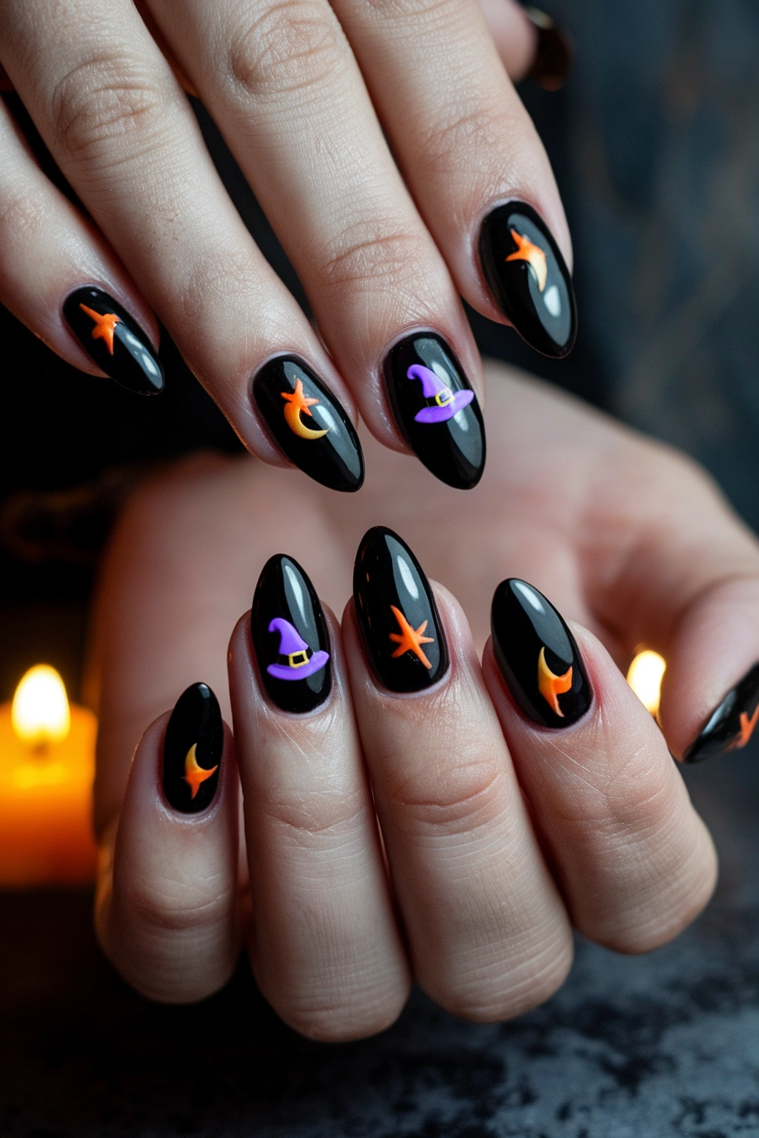 Witch Hat Accent Nails Image Prompt: Halloween manicure featuring glossy black nails with tiny purple witch hat accents, medium almond shape, orange stars, crescent moon details, dark charcoal background, warm candlelight, subtle gold elements, clean cuticles, realistic salon photography, playful spooky Pinterest aesthetic, polished finish.