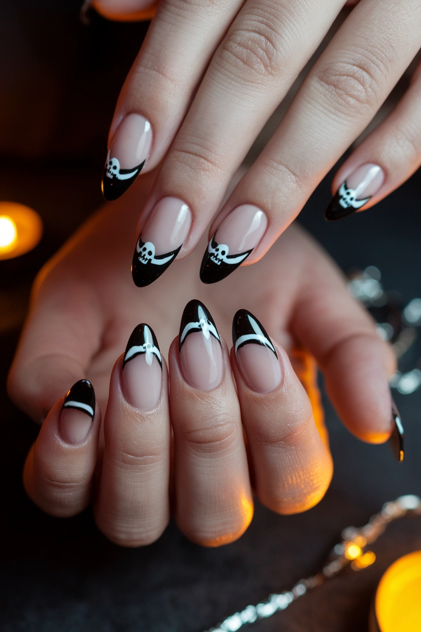 Skeleton French Tip Nails Image Prompt: Halloween manicure featuring sheer nude nails with black French tips and tiny white skeleton details, medium almond shape, glossy finish, dark charcoal background, warm candlelight, subtle silver accents, clean cuticles, realistic professional nail photography, elegant spooky Pinterest aesthetic.