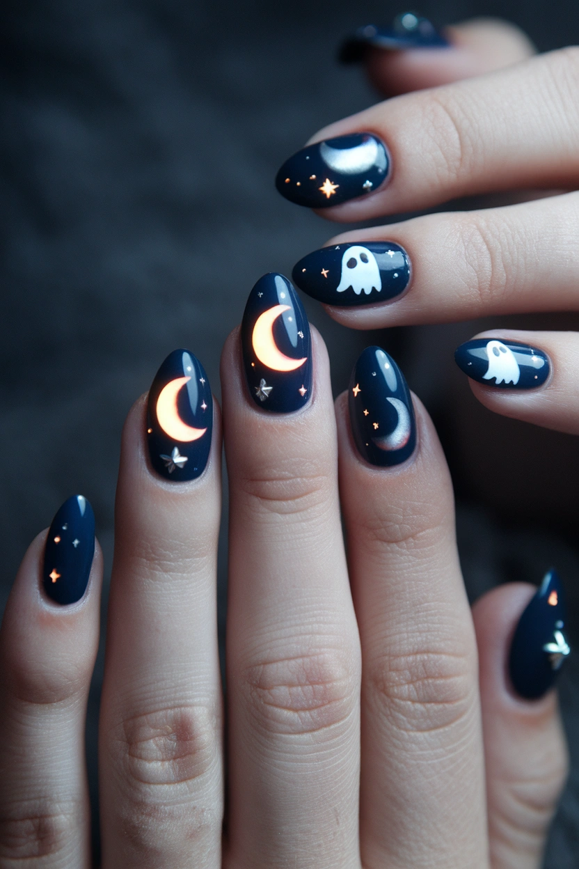 Haunted Moonlit Nails Image Prompt: Haunted Halloween manicure featuring deep navy and black nails with glowing crescent moons, tiny stars, ghost silhouettes, medium almond shape, glossy finish, cool moonlight effect, dark charcoal background, subtle silver accents, realistic salon photography, mysterious Pinterest aesthetic, clean detailed artwork.