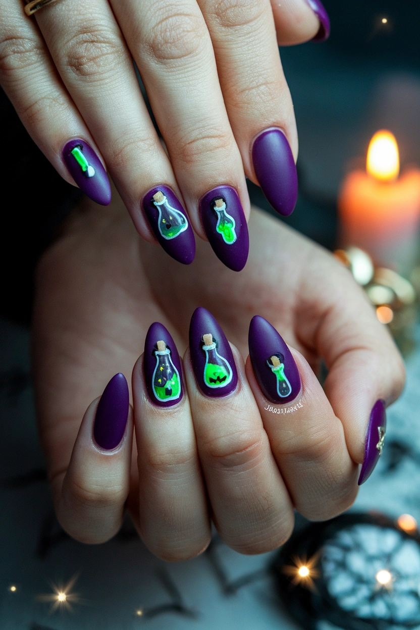 Halloween Potion Bottle Nails Image Prompt: Whimsical Halloween manicure featuring deep purple nails with tiny potion bottle illustrations, glowing green liquid accents, black details, medium almond shape, dark background, soft candlelight, subtle gold stars, clean cuticles, realistic nail photography, magical spooky Pinterest aesthetic.