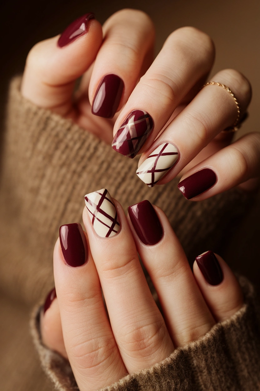Maroon Tartan Accent Nails