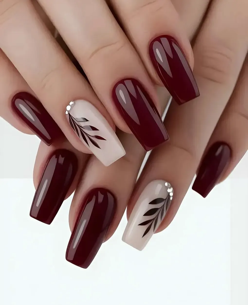 Maroon Leaf Accent Nails