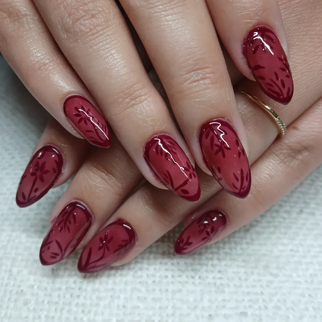 Maroon Floral Accent Nails