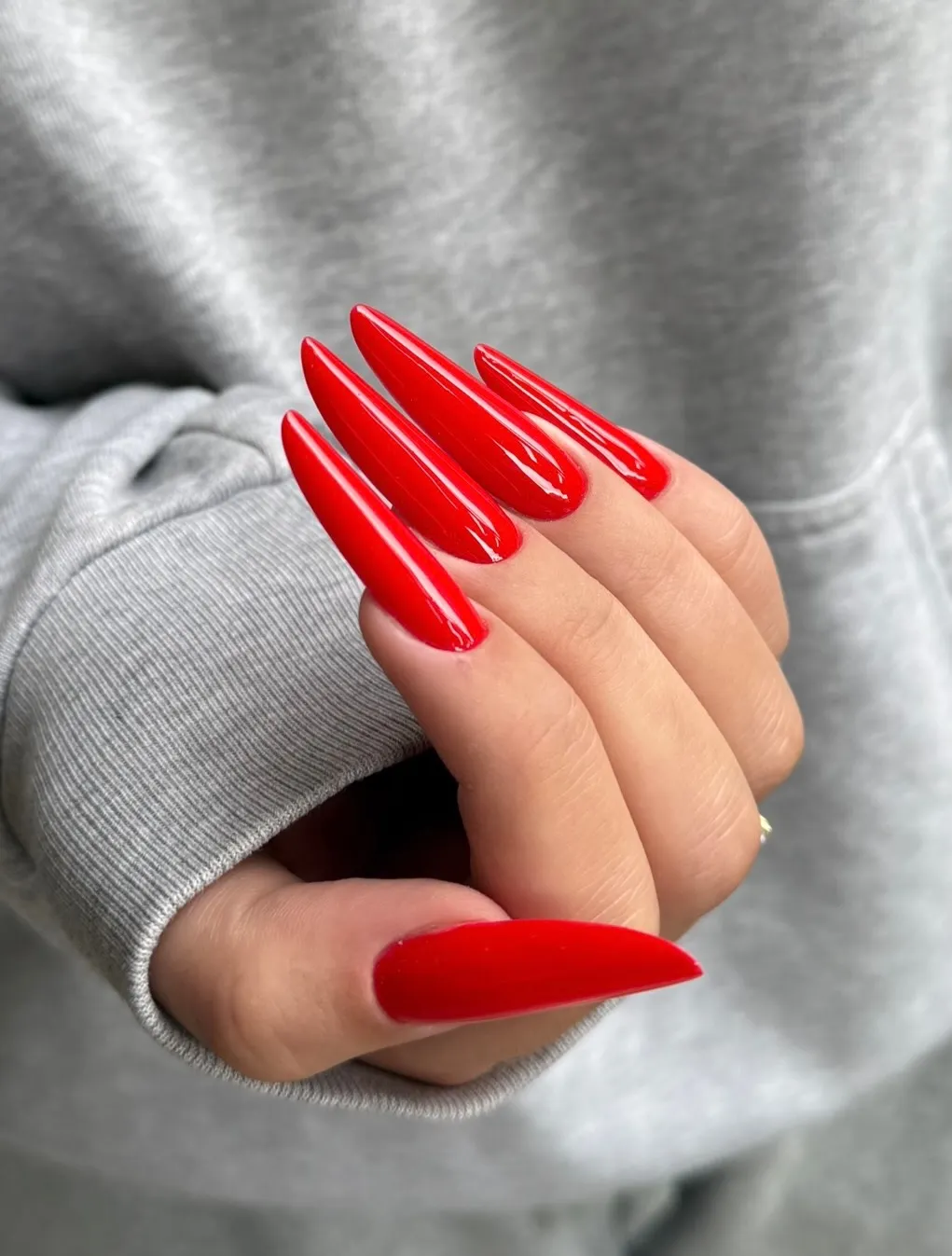 Glossy Cherry Red Stiletto Nails
