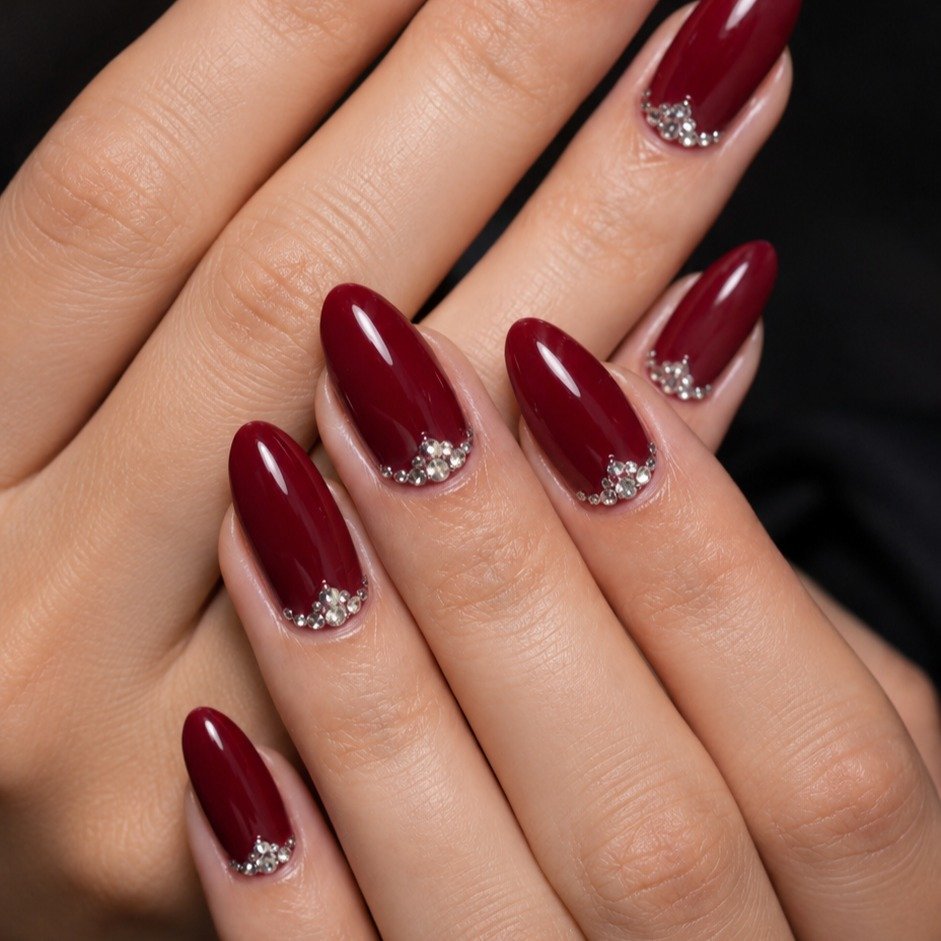 Maroon Velvet Almond Nails