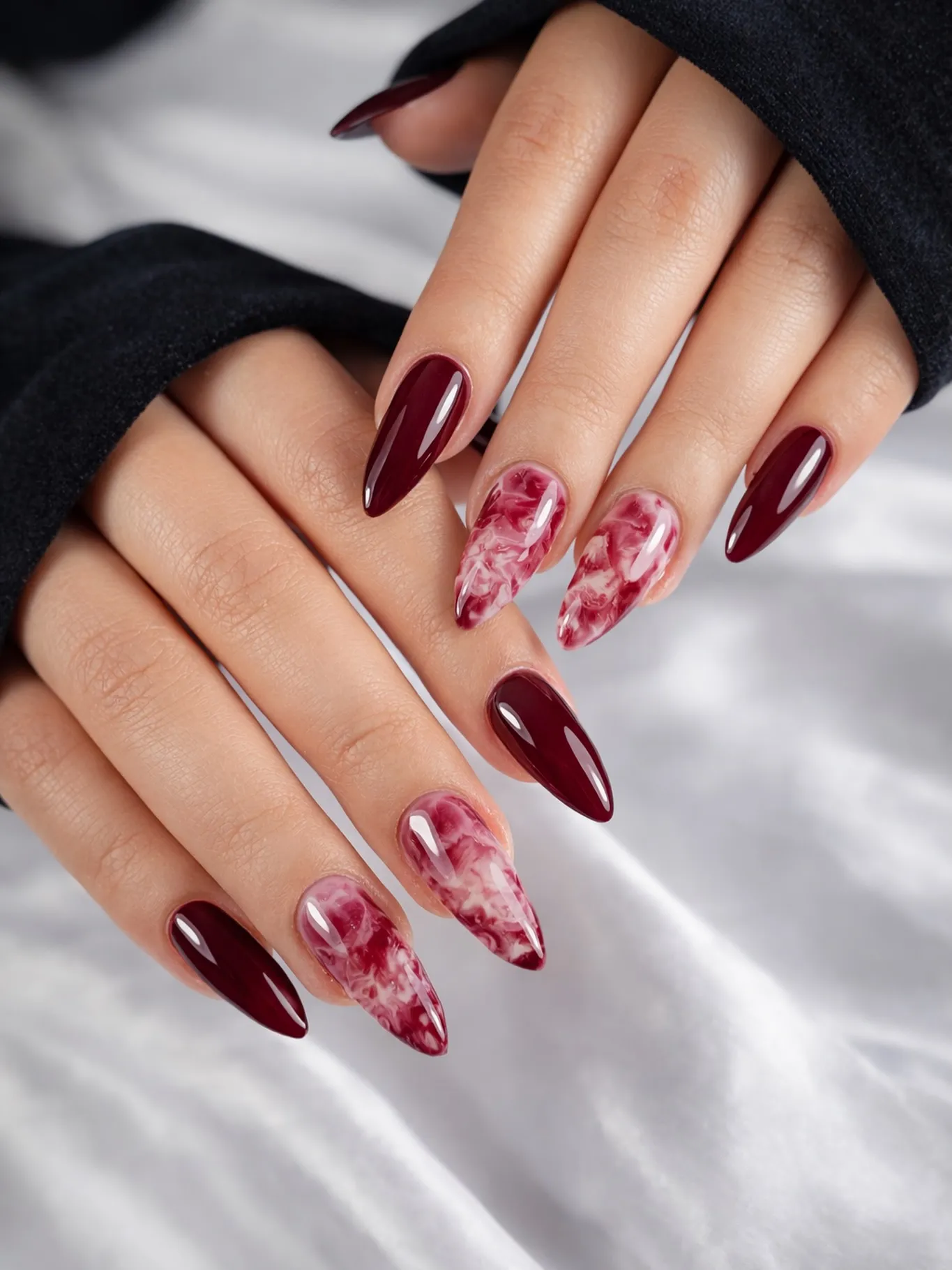 Maroon Marble Swirl Nails